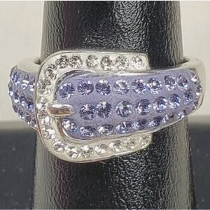 💜 Elegant Silver Buckle Ring – Purple & Clear Crystals | Size 6.5 💜